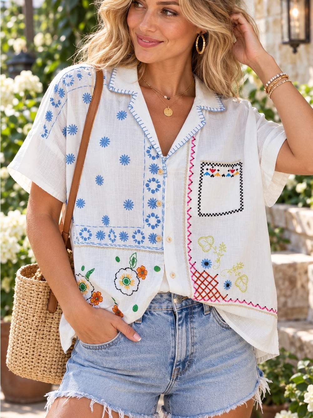 Anthropologie Pilcro Embroidered Surf Buttondown Boho Shirt M